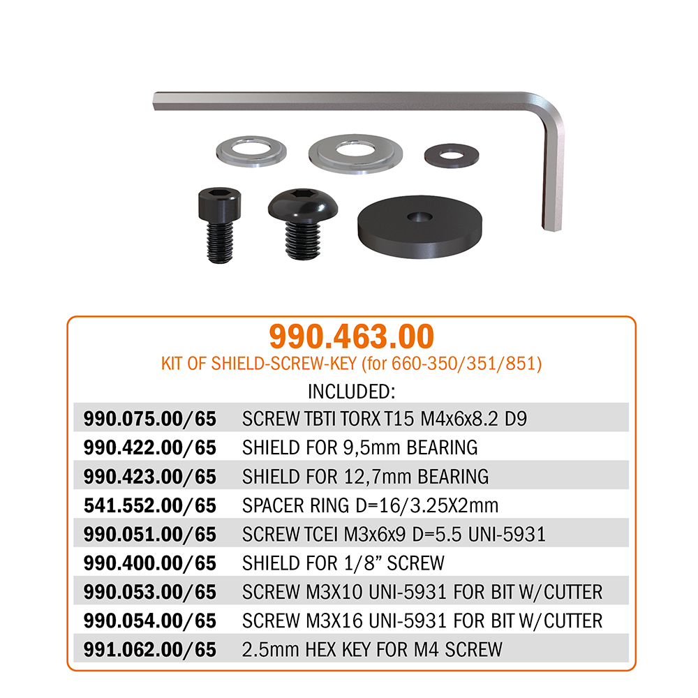 990.4 - Kit de rondelles de protection, bagues de distance, clés et vis